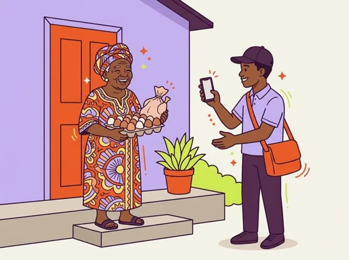 A rider handing a delivery to a grandmother at her door