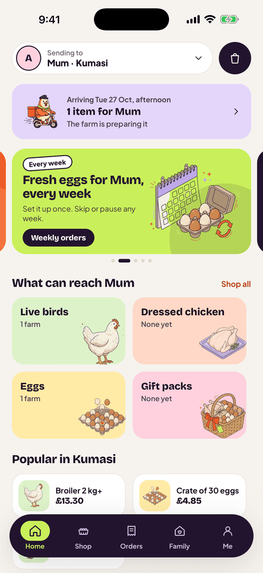 The Akokor app: sending to Mum in Kumasi, with a delivery on its way